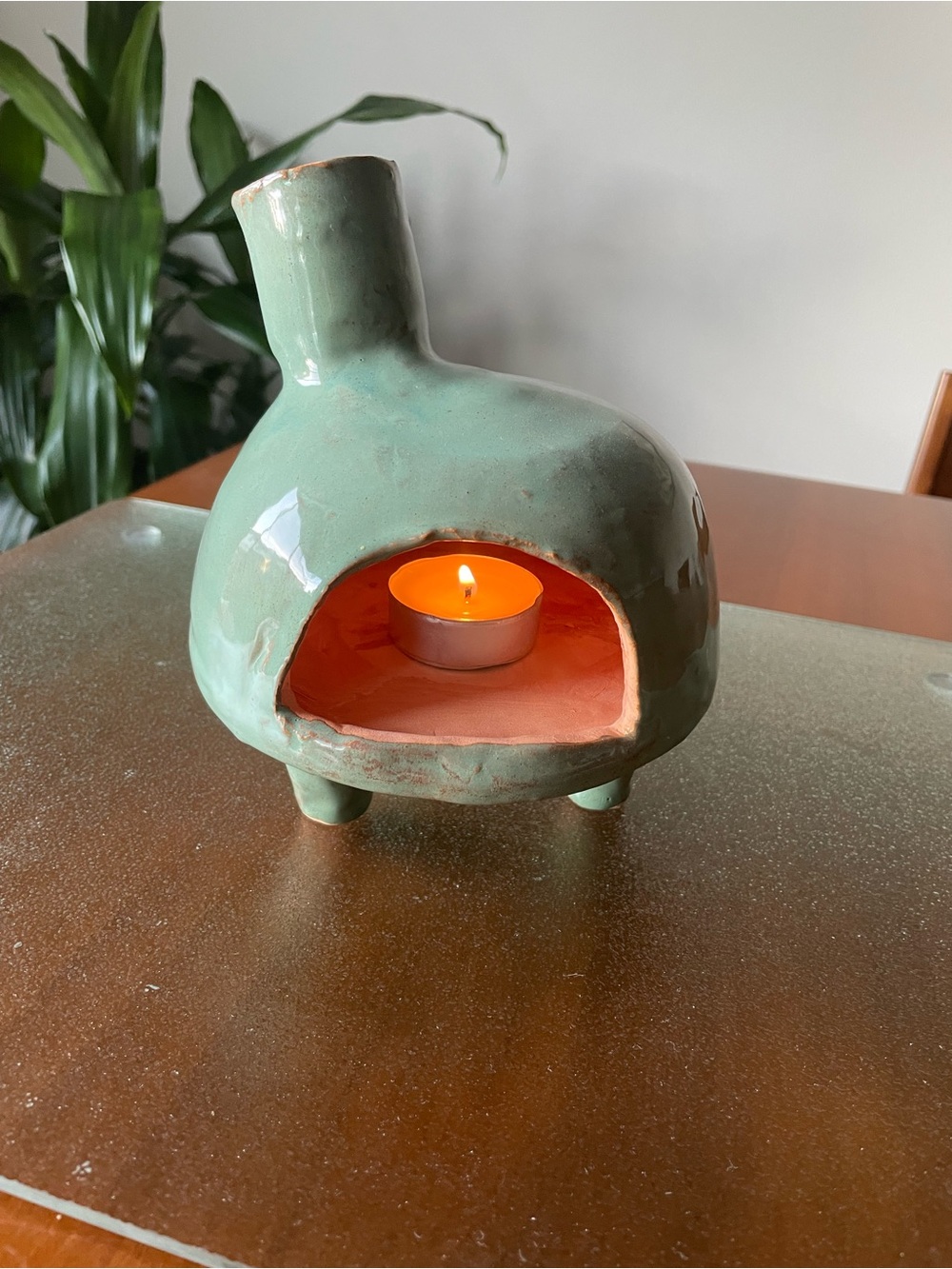 Glazed Green Ceramic Tealight Holder - Handcrafted Accent